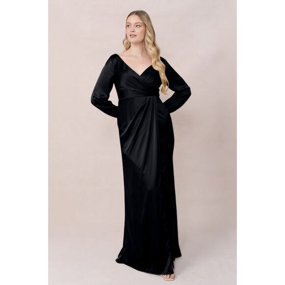 Revelry Black Vera Satin Long Sleeve V Neck Wrap Maxi Gown Plus Sz 26 Wedding - Picture 1 of 9
